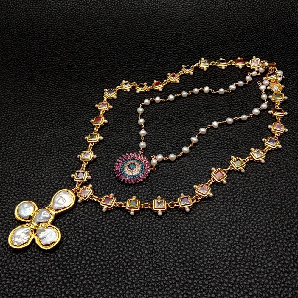 YYGEM hot sale ! 44x52mm  Cz Charm Coin Pearl Crucifix Pendant 2 Rows White Pearl Rosary Chain Cubic Zirconia Chain Necklace