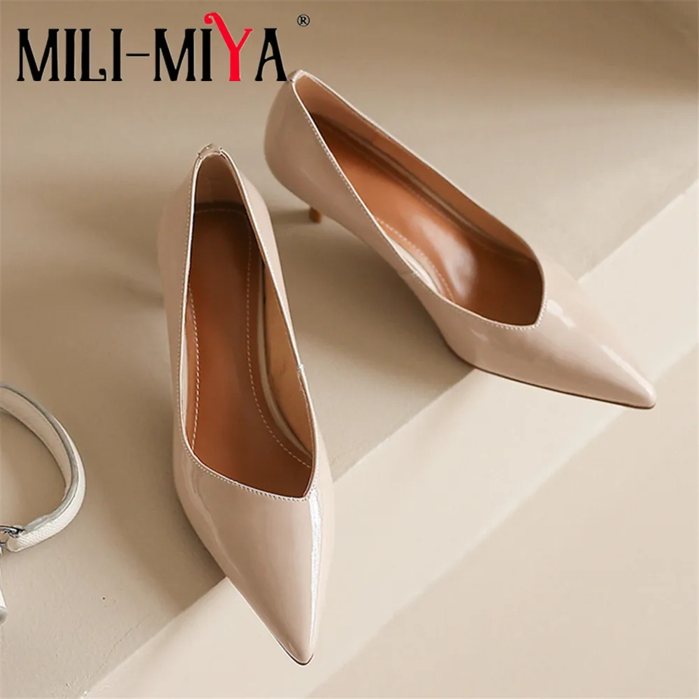 MILI-MIYA New Arrival Genuine Leather Low Heels Women Basic Model Pumps Lady Shallow Pointed Toe Work Dress Shoes Nude Gray