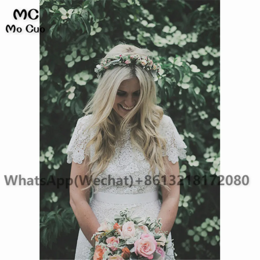 

White Beach Lace Wedding Dresses Bridal Gowns Short Sleeves Backless Wedding Dress for Women