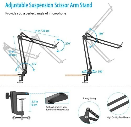 Heavy Duty Microphone Stand, Adjustable Suspension Scissor Arm Stand with Shock Mount Mic Clip Holder Pop Filter 3/8’’ to 5/8’’