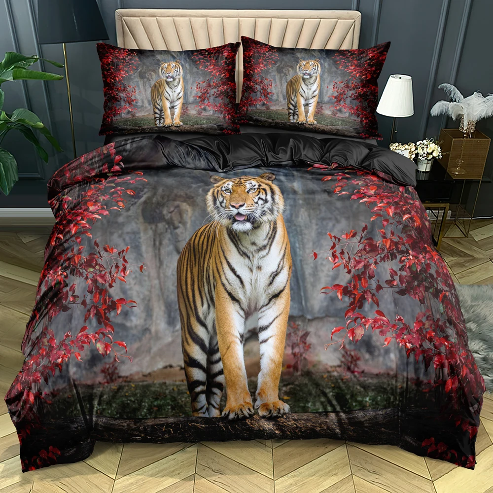 

3D Black Quilt Cover Sets Custom Design Animal Linens Bed Pillow Sham King Queen Super King Twin Full Size Tiger Beddings