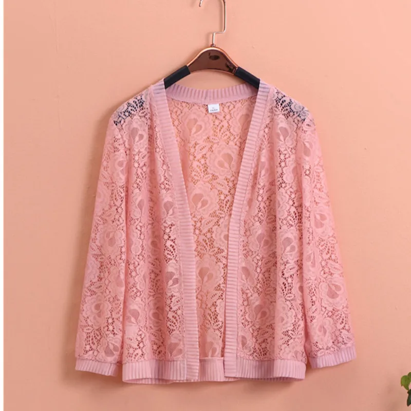 UHYTGF Dệt Kim Cardigan Mùa Hè Áo Khoác Thời Trang Nữ Rỗng Khăn Choàng Mỏng 7XL Size Lớn Áo Khoác Màu Tự Nhiên Ngắn Thanh Lịch Hàng Đầu 1676