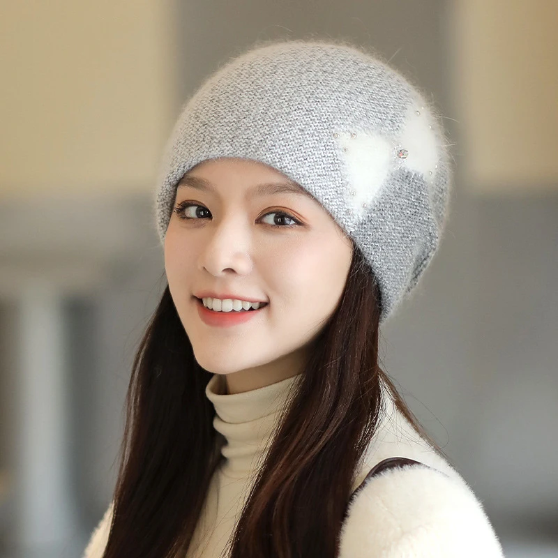 Women Hat Winter Angora Knit Beanie Warm Bow Rhinestone Autumn Thick Skiing Accessory For Sports Outdoor