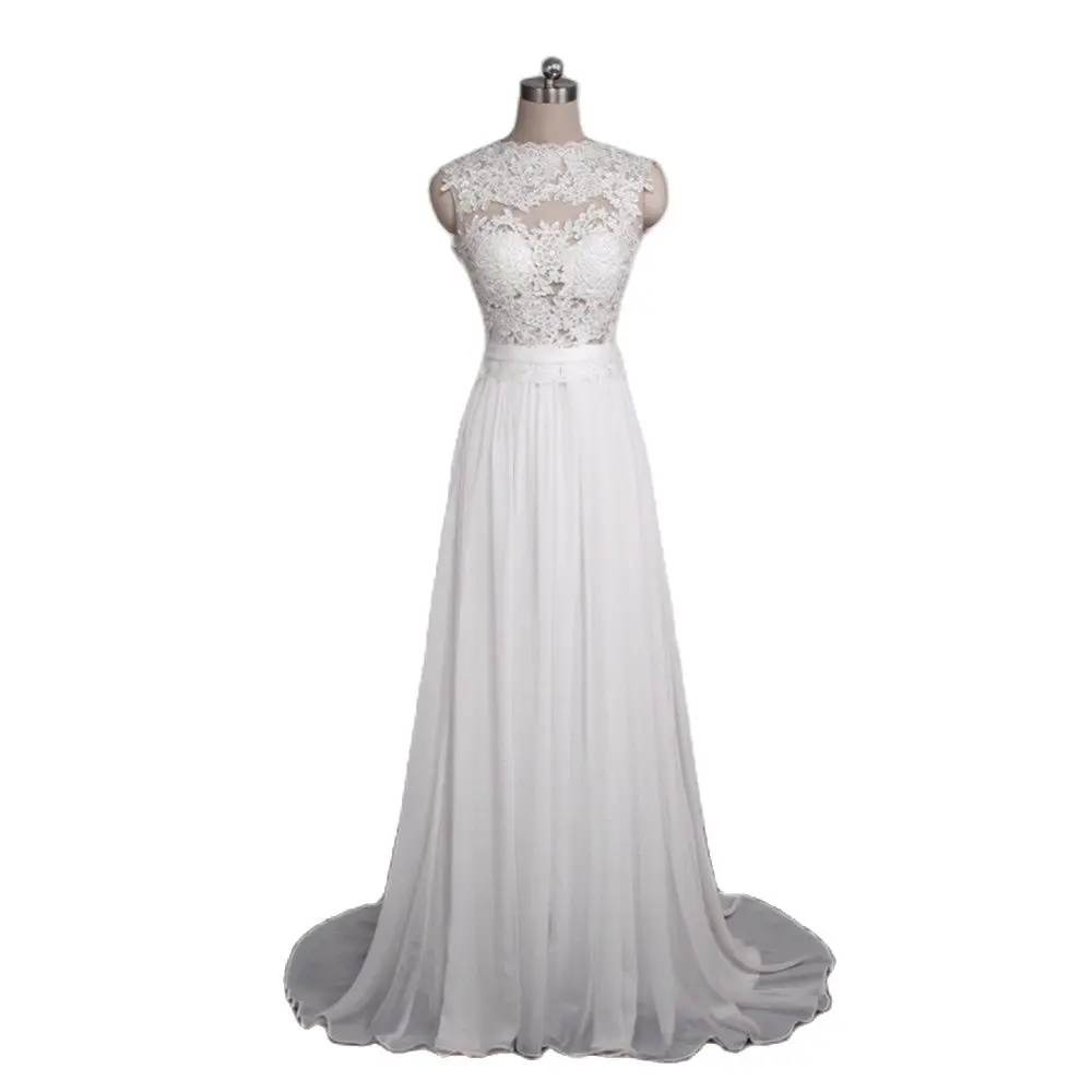 A Line Chiffon Applique Sashes High Neck Floor Length Wedding Dresses Bridal Gown SweepTrain Robe De Mariée Backless