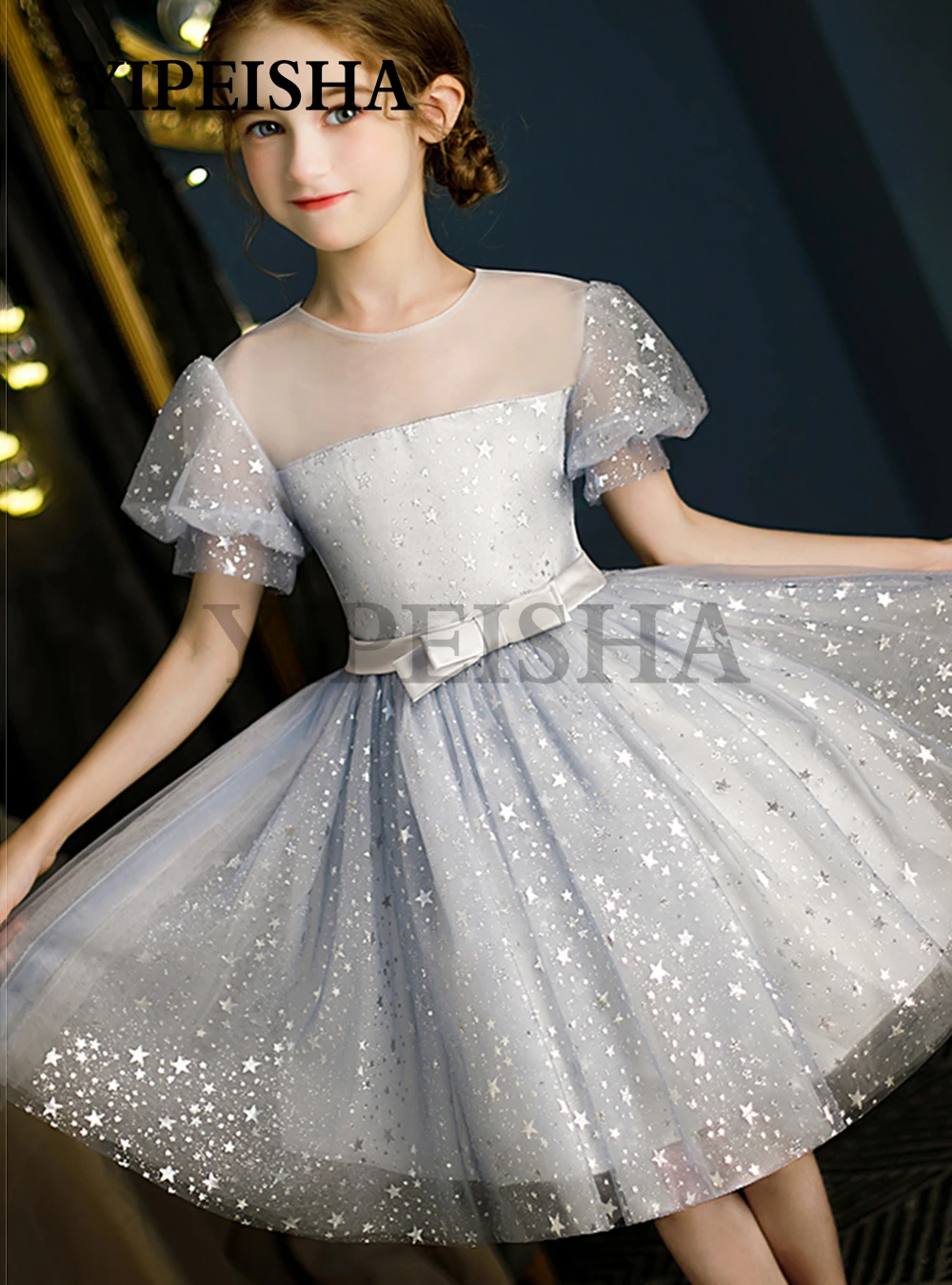 Vestidos infantiles personalizados con lentejuelas y estrellas brillantes decorados con flores, vestido de fiesta de princesa de tul de manga corta, vestido de fiesta de princesa Плаusе Для Дев®ч