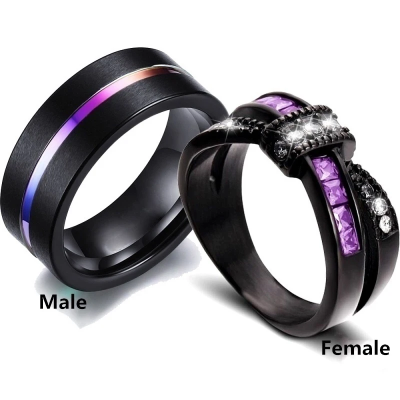 Fashion Couple Rings Trendy Rainbow Tungsten Carbide Men\'s Ring Cute Bow Purple Rhinestones Zircon Rings Set Wedding Ring Gift