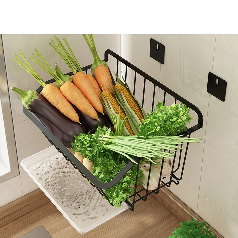 Stainless Steel Kitchen Wall Hanging Storage Basket,Black Spice Rack,Fruit Vegetables Drainer Organizer,Dish Tools,Drying Shelf