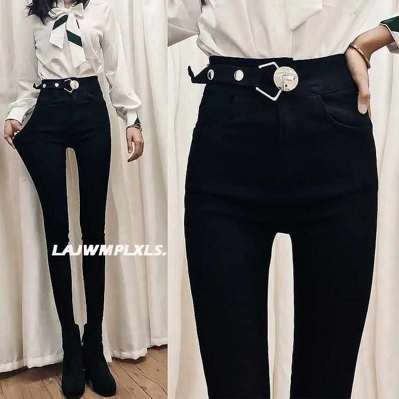 2022 Autumn Spring New Black leggings Casual Elastic High Waist stretch feet pants women\'s Metal Buttons was thin Pencil Pants