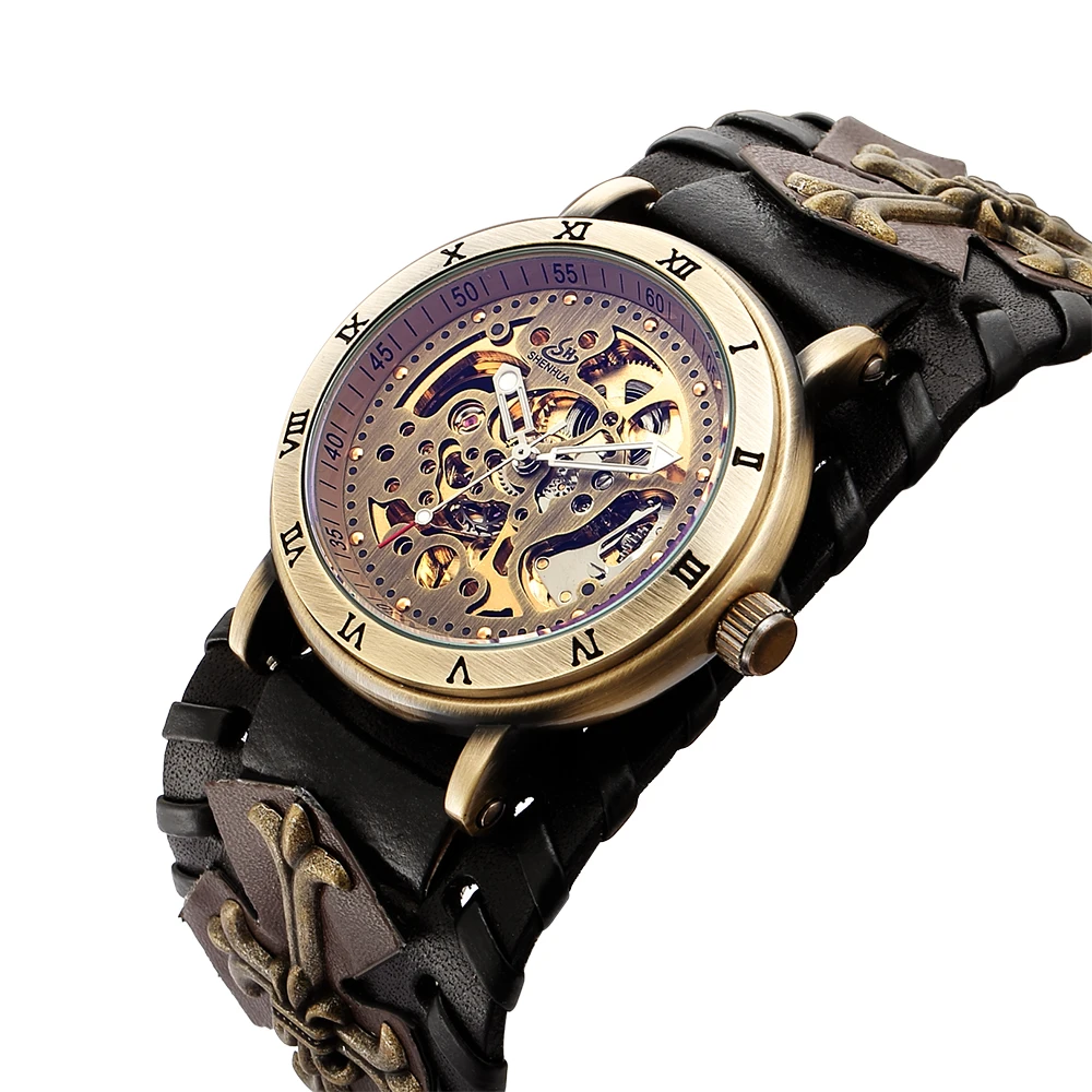 Antique Skeleton Dial Men Automatic Mechanical Watch Vintage Gothic Clock Steampunk Self Winding Watches Brown Rock Reloj Hombre