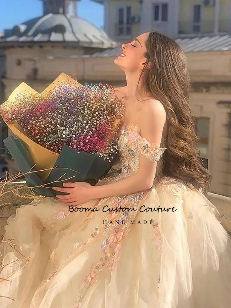 Fairy Ball Gown Princess Prom Dresses Off the Shoulder Sweetheart Floral Appliques Formal Party Dresses Tulle Long Evening Gowns