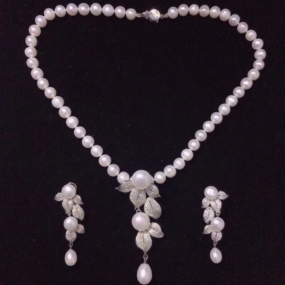 

freshwater pearl white near round flower 8-9mm necklace earring nature beads wholesale 18inch FPPJ