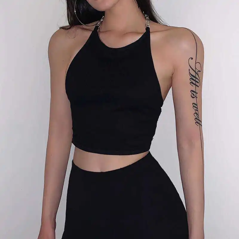 Women Camisoles Solid Chain Halter Neck Backless Design Fashion Slim Hot Clubwear Crop Tops Chic Teens Sexy All-match Tanks Cool