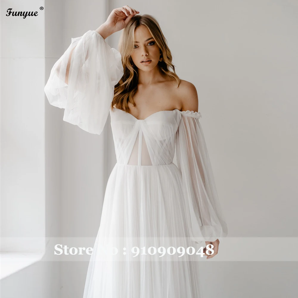 Boho Wedding Dress 2024 Sweetheart Long Sleeves Sexy Side Split A-Line Tulle Wedding Gown Beach Bridal Dress vestido de fiesta