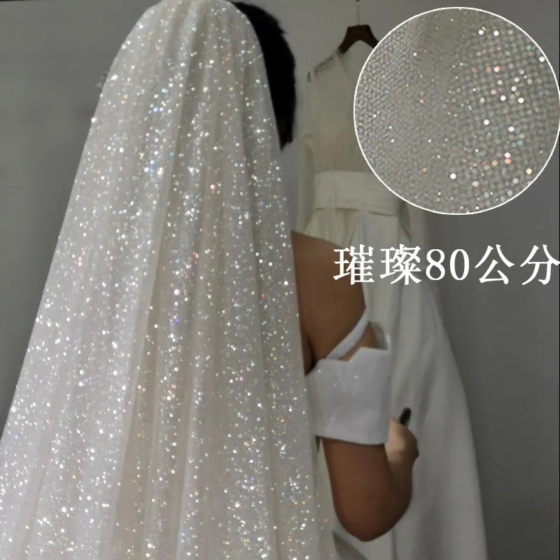 B58-L Sparkly Bling Bling Long Veils White Champagne Chapel Length Two Layer Bridal Veil with Comb Cover Face Wedding Veils