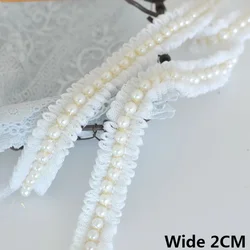 2CM Wide White Mesh Pleated Fabric Glitter Beaded Fringe Lace Edge Trim Garment Collar Ribbon Wedding Dress DIY Applique Decor