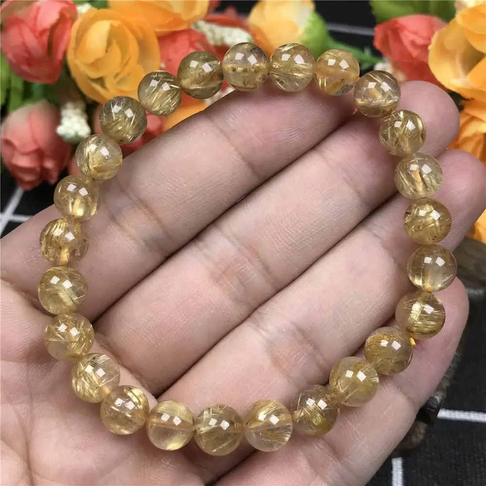 7mm Natural Gold Rutilated Gemstone Bracelet For Women Men Wealthy Crystal Round Beads Stretch Rare Jewelry From Brazil  AAAAA