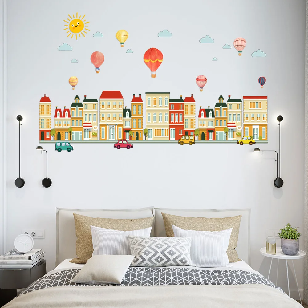 Building Car Hot Air Balloon Wall Sticker For Baby Rooms Bedroom Decorations Home Wallpaper Nursery Mural Kids Room Stickers
