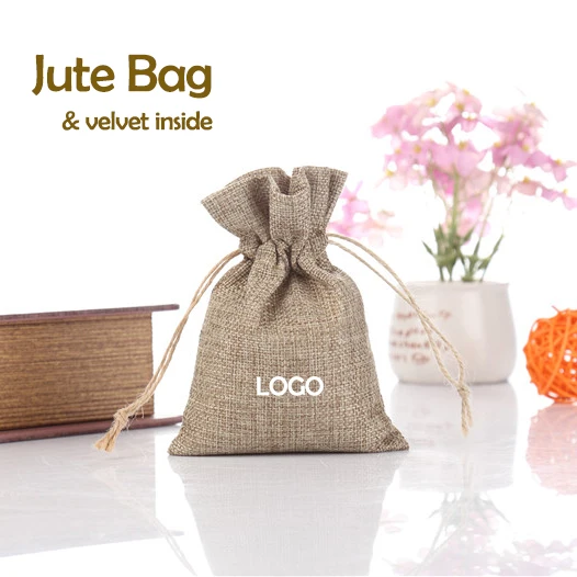 

50PCS Jute Drawstring Bag With Velvet Lining Linen/Flax Sachet Jewelry/Packing/Gift/Diamond/Ring/Bead Pouch Custom Logo Print