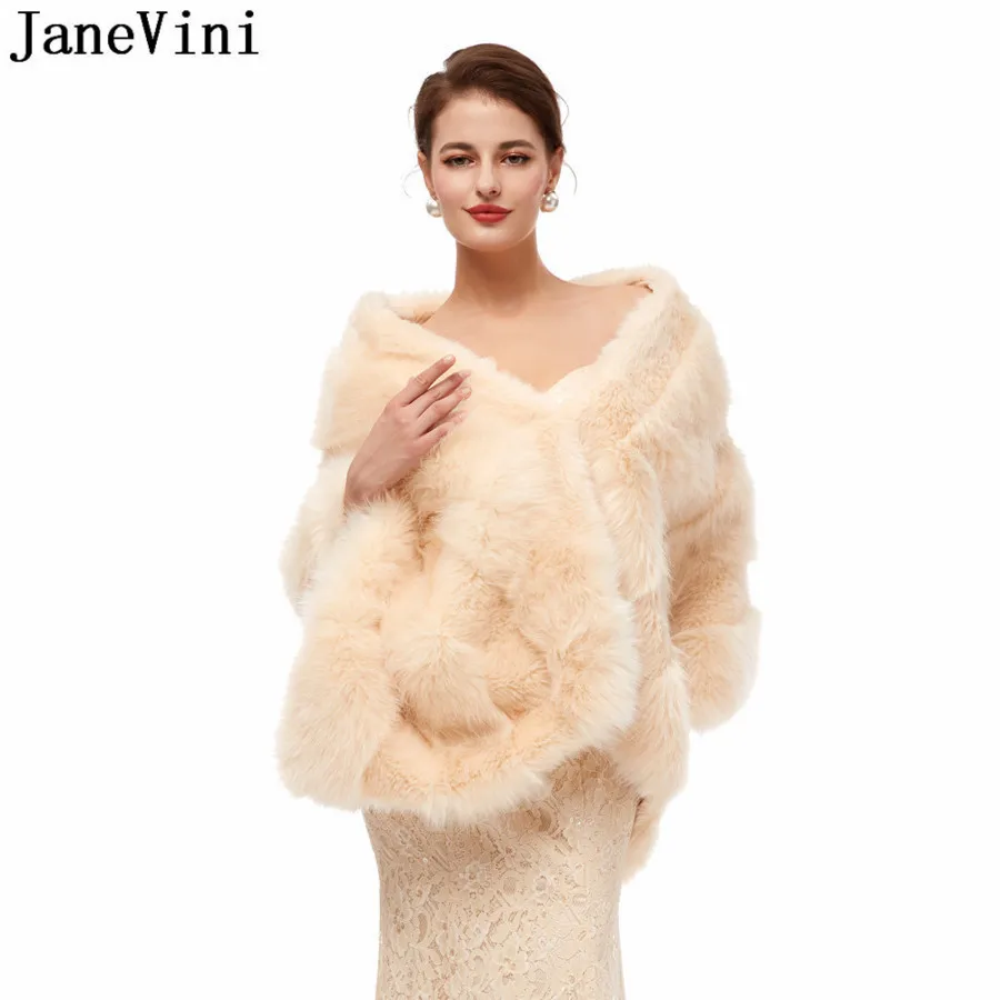 JaneVini 2021 Winter Faux Fur shawl Wedding Bolero Women Jacket Champagne Ladies Formal Capes Wraps Stoles stola elegante donna