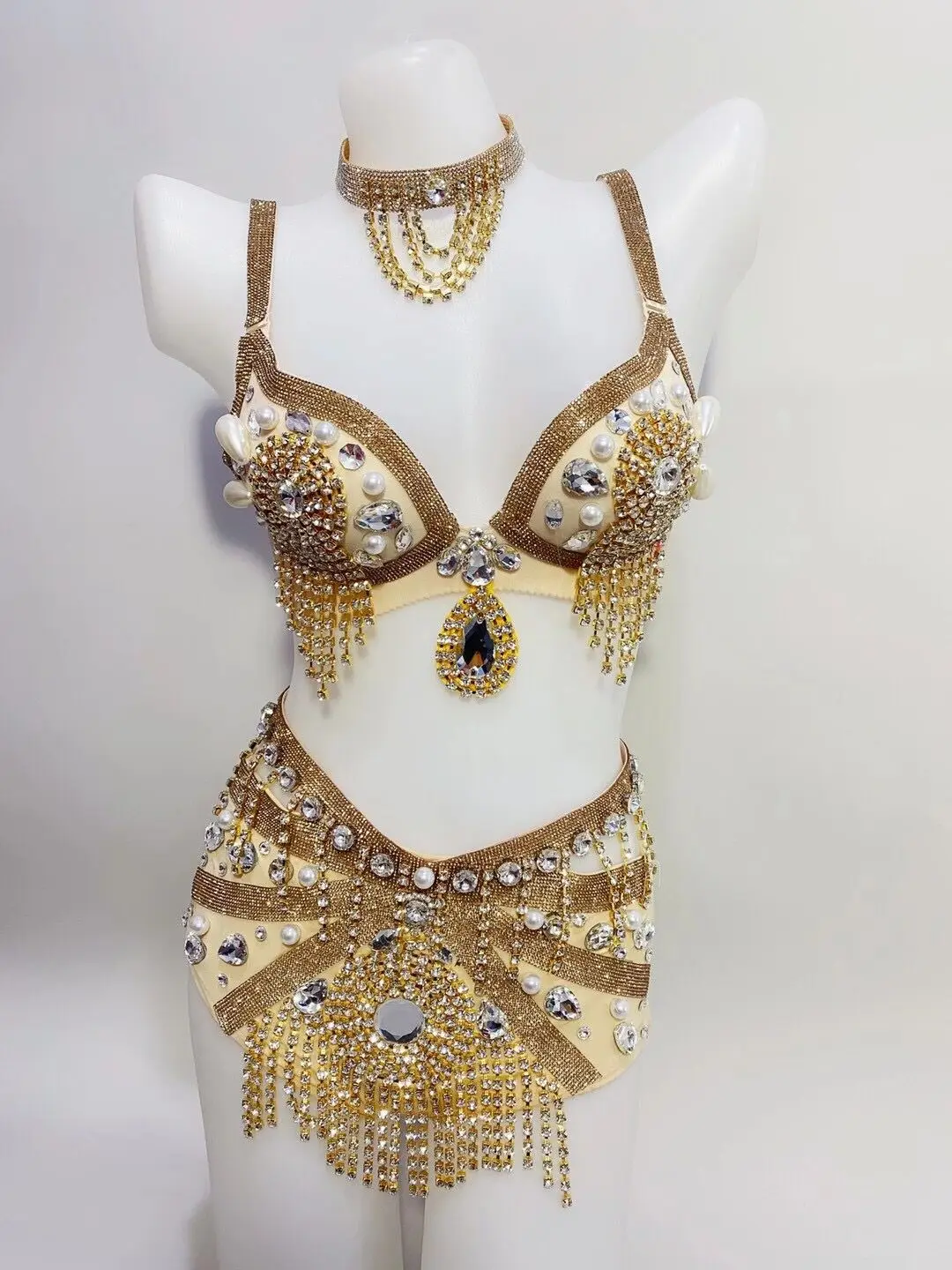 Sexy Rhinestone Fringe pearl Bra Short Women Dancer DS Bar Bikini Stage Wear Prom Evening Show Outfit Set