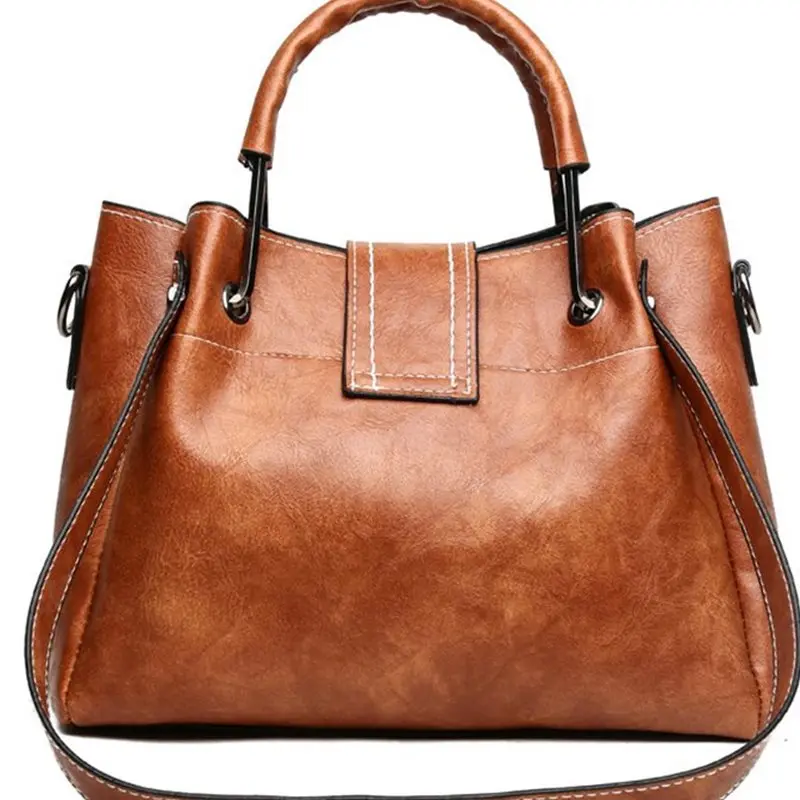 Our shop hot style women\'s bag 2021 new oil leather iron thick thread bucket bag one shoulder cross-slung handbag S7