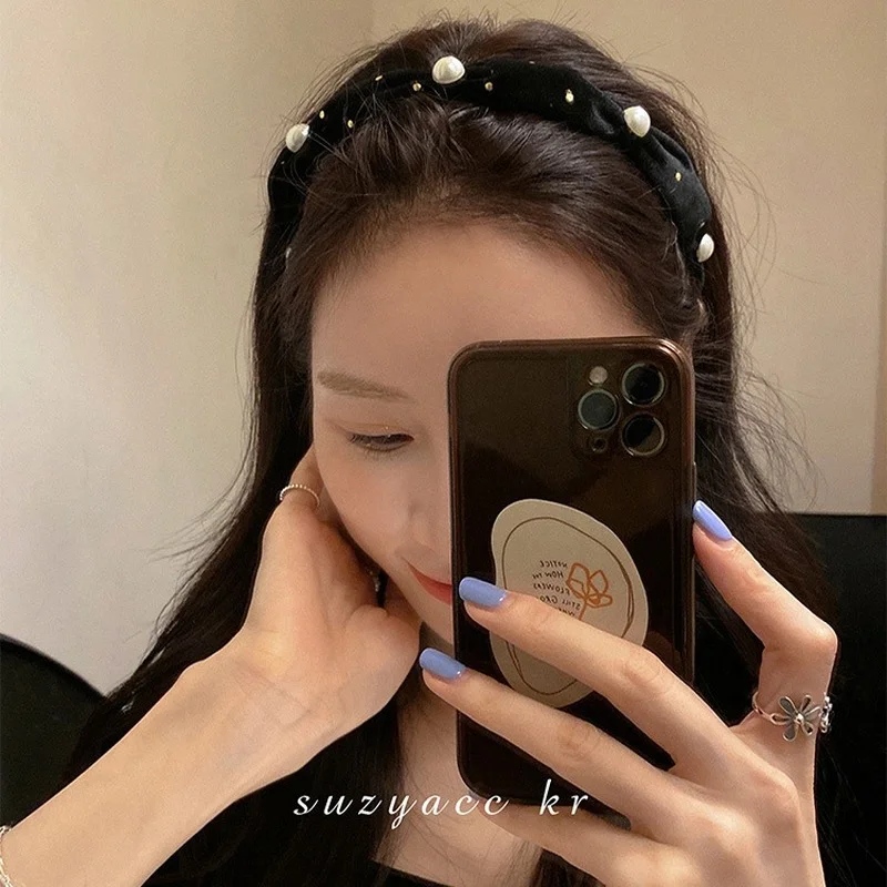 Korean retro velvet pearl headband net celebrity 2021 new temperament headwear headband all-match go out hair accessories