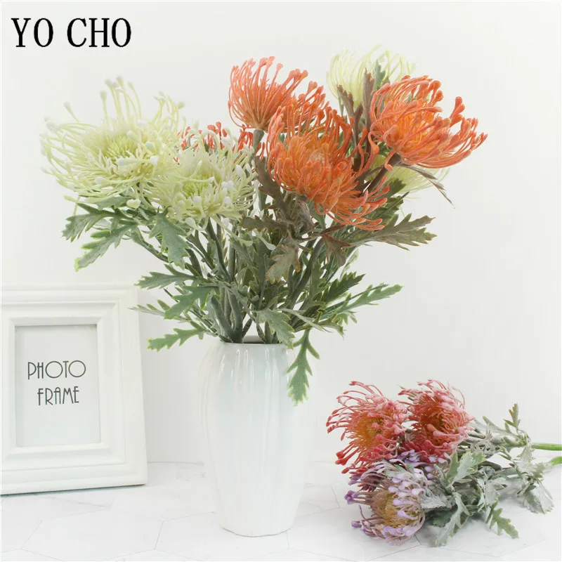 Flocked Leucospermum Artificial Flowers for Wedding Decoration flores artificiales plastic fake flower plant fleur artificielle