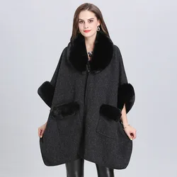 8 Farben Frauen Winter Faux Fox Pelz kragen Poncho neue Plus Size Fledermaus Ärmel lange Strickjacke Streetwear lose warme Umhang Mantel