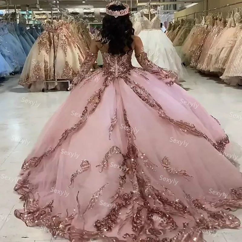 Sparkle Roze Sequin Quinceanera Jurken Charro 2022 Bling Puffy Tulle Sweet 15 Jaar Oude Lange Sleeeve Prom Party Jurk Prinses