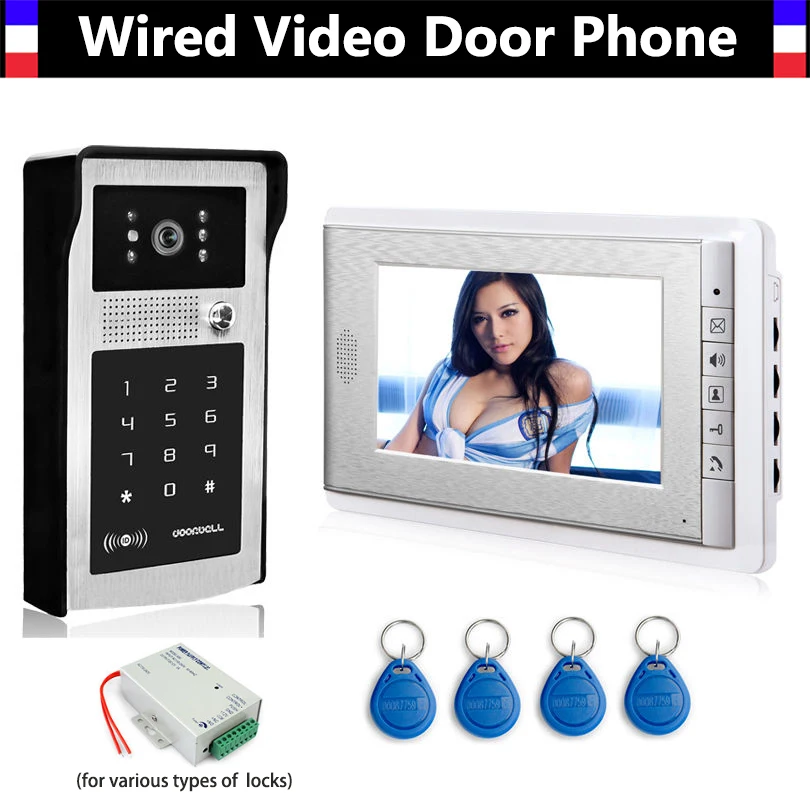 

7" LCD Monitor Wired Video Doorbell Door Phone Intercom System Aluminum Alloy Case Code ID Keyfobs Unlock 2-Way intercom