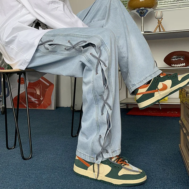 ICCLEK 2021 Fall New Pants High Street Jeans American Jeans Men's Fall Loose Straight Pants Fashion Lace Pants Wide Leg Pants