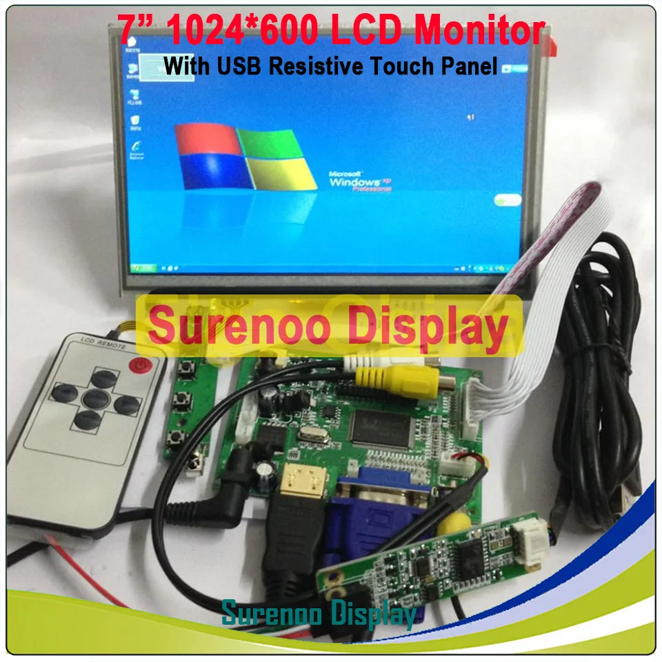 

7" 1024*600 LCD Module Display Monitor Screen + HDMI-Compatible/VGA/2AV Board + Resistive Touch Panel w/ USB Controller