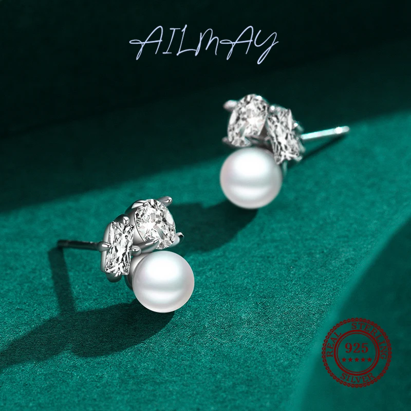 Ailmay Top Quality 925 Sterling Silver Simple Cubic Zirconia Round Pearl Stud Earrings For Women Girls Anti-allergy Fine Jewelry