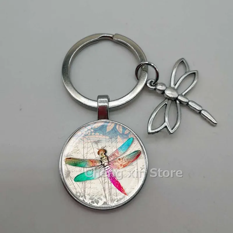 Rodada Vidro Keychain com Libélula Charme, Convex Charme, Animal Chaveiro, Acessórios do carro, 1