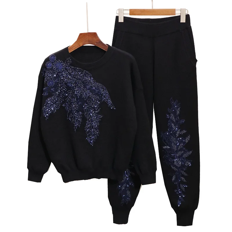 

2024 Autumn Womens Tracksuit Set Beading Embroidery Long sleeve knitted Sweaters + Casual Small feet Pants Women Two Piece Tide