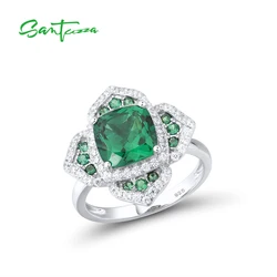 SANTUZZA Genuine 925 Sterling Silver Rings For Women Sparkling Square Green Spinel White CZ Flower Ring Luxury Fine Jewelry