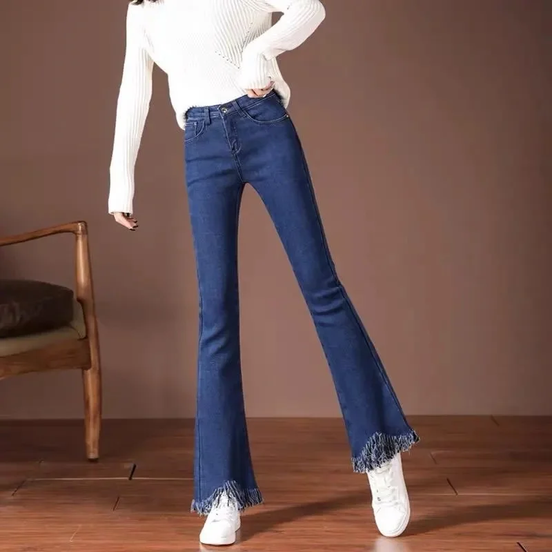 2026 Autumn Winter New Blue Velvet Micro-Flared Jeans Women's Stretch High-Waist Split Fringed Flared Pants Thicken Warm Pants