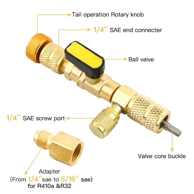 Herramienta de instalador de núcleo de válvula R410A R22 con puerto Dual tamaño 1/4 y 5/16 para sistema HVAC R404A, R407C, R134A, R12, R32