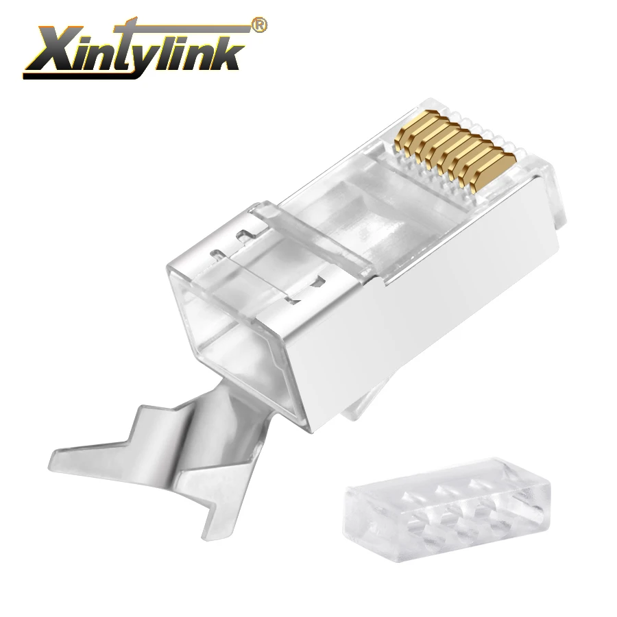 

xintylink cat7 cat6A rj45 connector 50u 1.3mm ethernet cable plug CAT.6A network gold plated SFTP 8P8C metal shielded stp jack