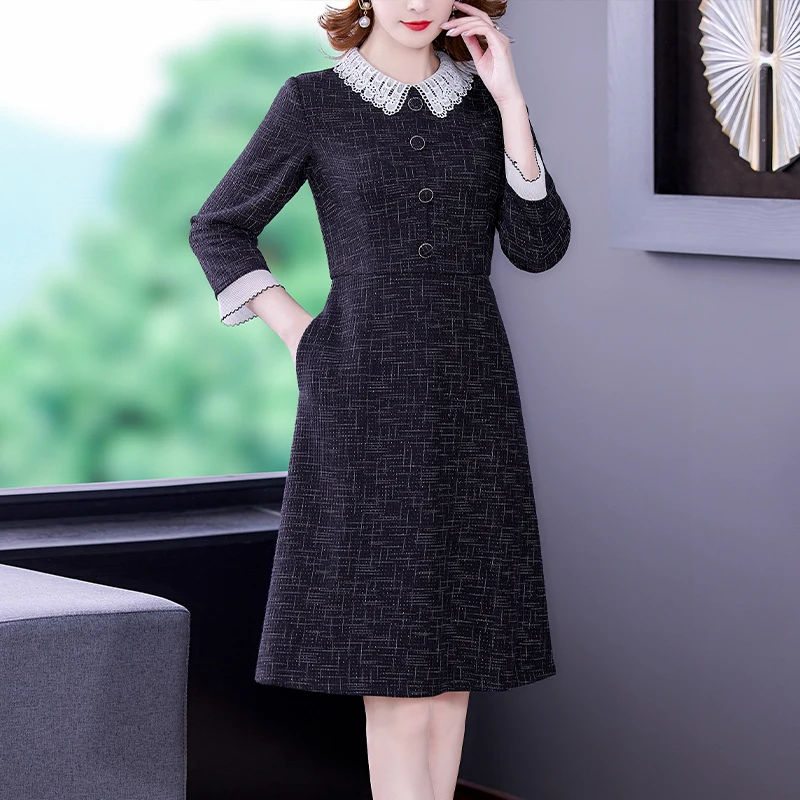 Fashion Women's Nine Points Sleeve Woollen Dress Autumn Winter  New Vintage Lace Patchwork Peter Pan Collar Slim A Line Dress