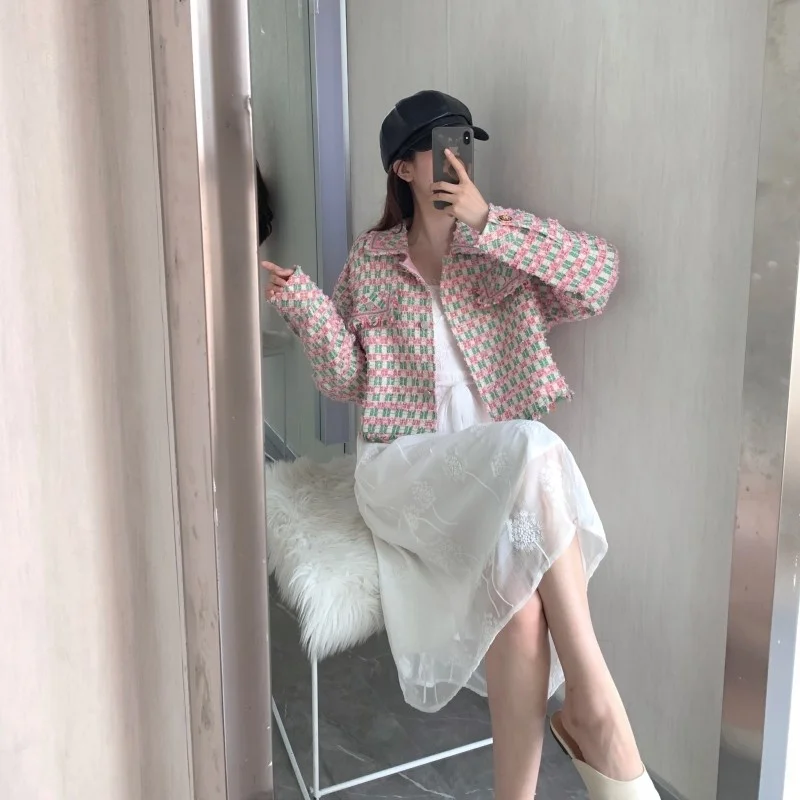 

Ladies Office Tweed Jacket French style Vintage Plaid Jackets Spring Pink Sweet Short Coats Female High Street Loose Casual Tops