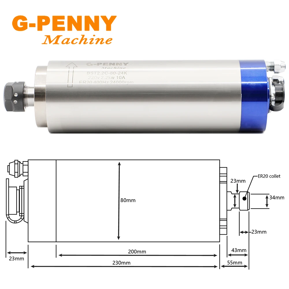 G-PENNY Machine 2.2KW ER20 D80 Water cooled spindle Motor 220v/380v 2.2KW Frequency VFD & 80mm Clamping bracket 75W water pump