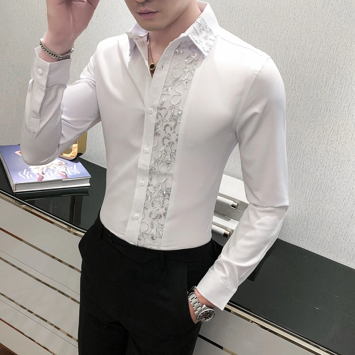 

Long 2020 Autumn Sleeve Slim Fit Social Dress Shirt Camisas Masculinas Club Korean Men Clothes 5xl Black White Mens Lace Shirt