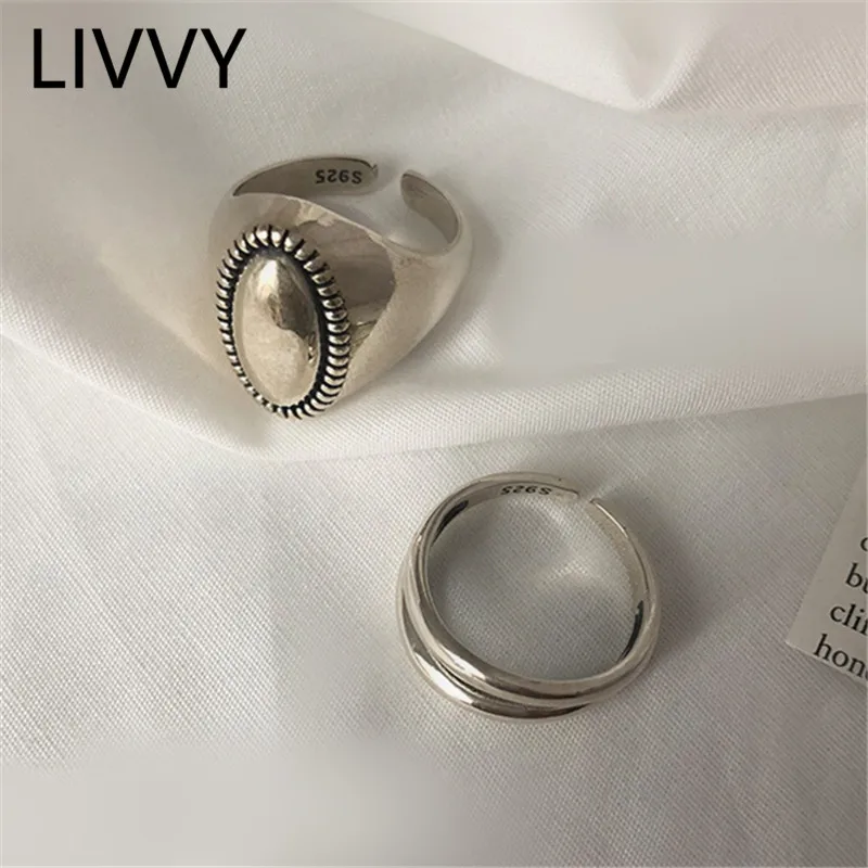 LIVVY Silver Color Hip Hop Thick Chain Natural Shell Ring For Women Adjustable Width Ring Delicacy Jewelry Finger Accessories