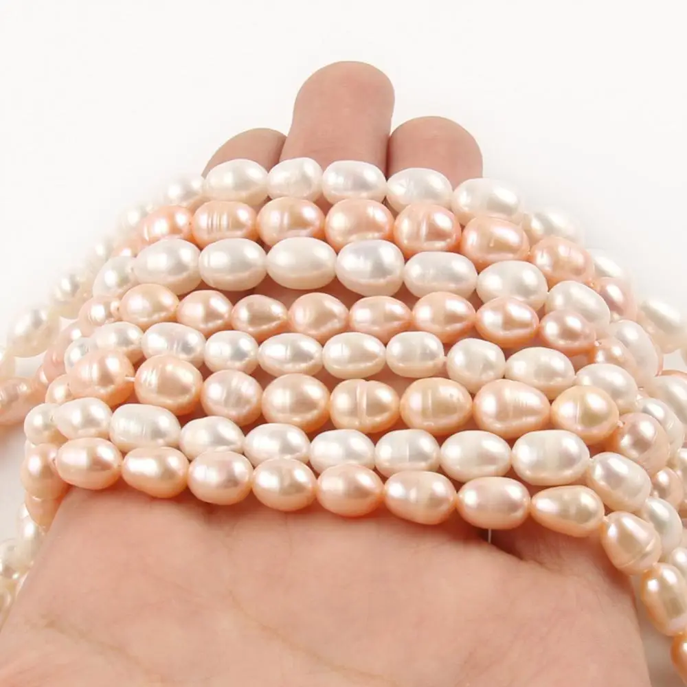 Natural Freshwater Pearl Beads Pink&White Rice Shape Punch Loose Beads for DIY Elegant Necklace Bracelet Jewelry Making 6-8MM