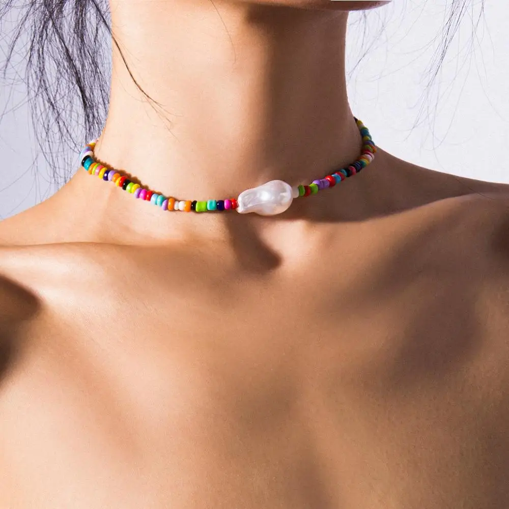 Bohemia small color bead necklace women's irregular Pearl Pendant Necklace women's 2019 summer neckline Necklace Girl Gift