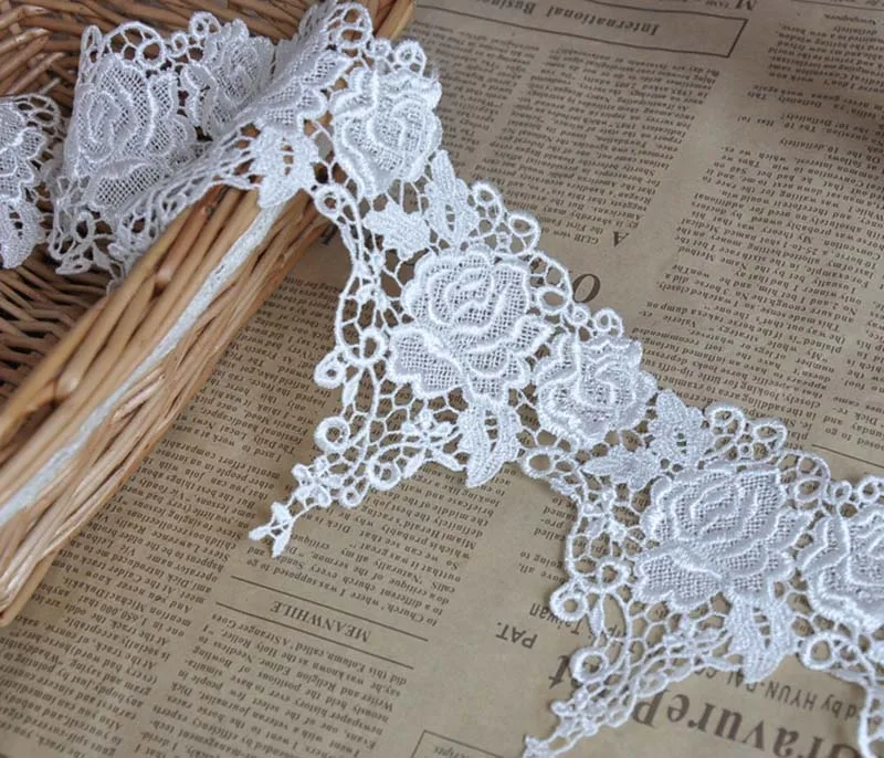 20Yds Rose Flower Lace Trim Applique Trimming Patch White Ribbon Water Soluble Fabric Sewing Craft Handmade Wedding Decoration