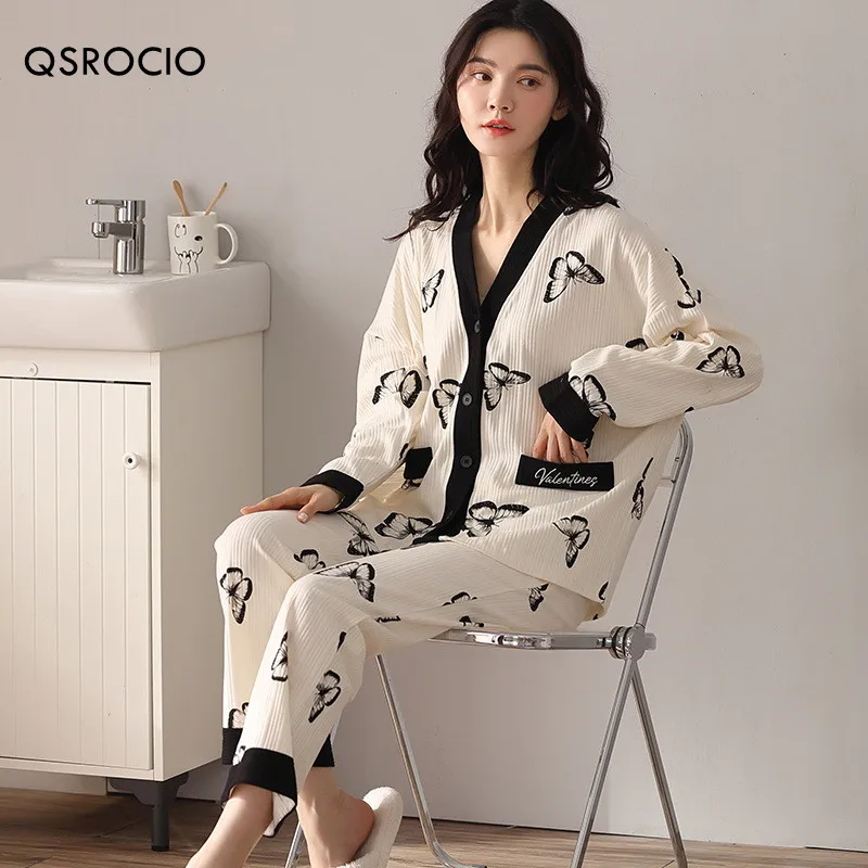 QSROCIO New Autumn Women\'s Pajamas Set High Quality Pit Stripes Sleepwear V Neck Cotton Nightie Homewear Nightwear Pyjamas Femme