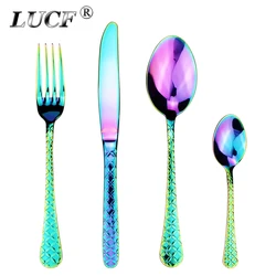 LUCF 4 Pcs/Set Stainless Steel Western Luxury Cutlery Set floral texture on handle elegant Dinnerware Sets Restaurant recommend