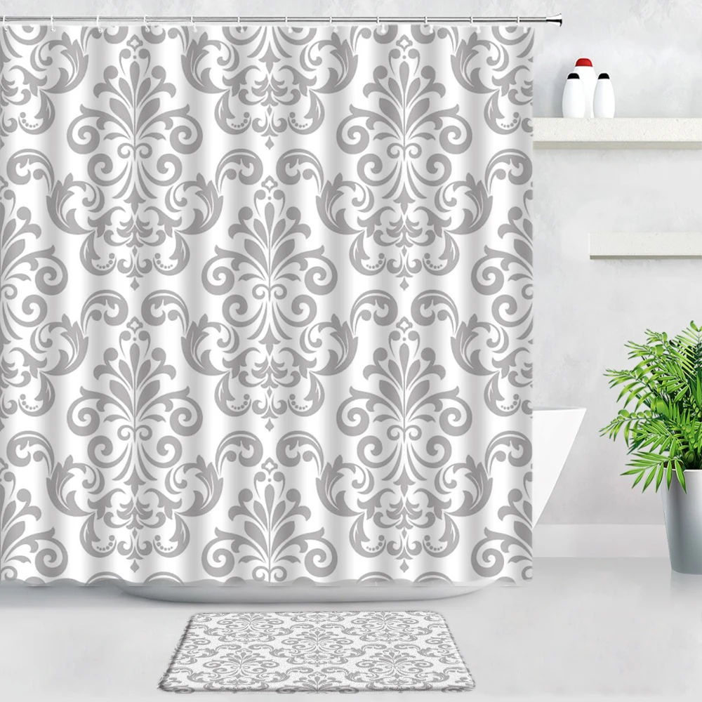 Black Brocade Baroque Pattern Shower Curtain Set Creative Gray Bohemian Floral Kitchen Door Rug Bathroom Decor Non-slip Bath Mat